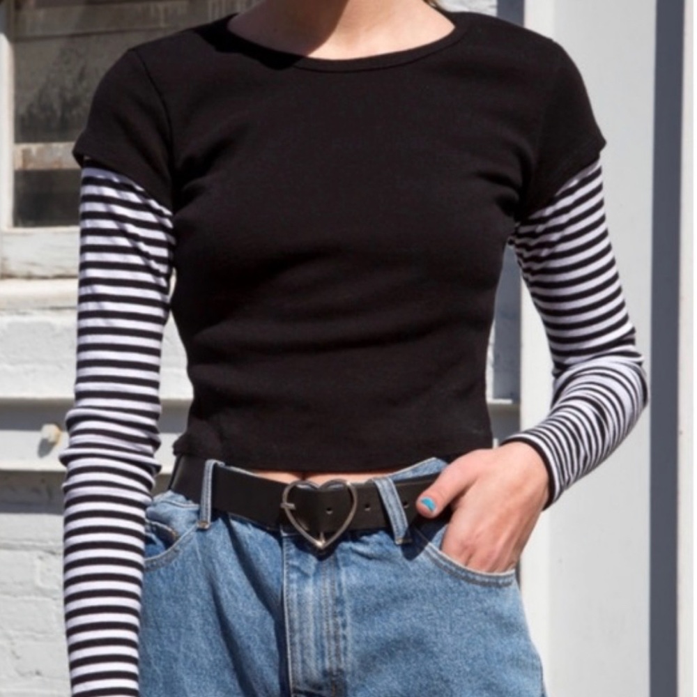 John Galt Black t-shirt with black & white striped sleeves